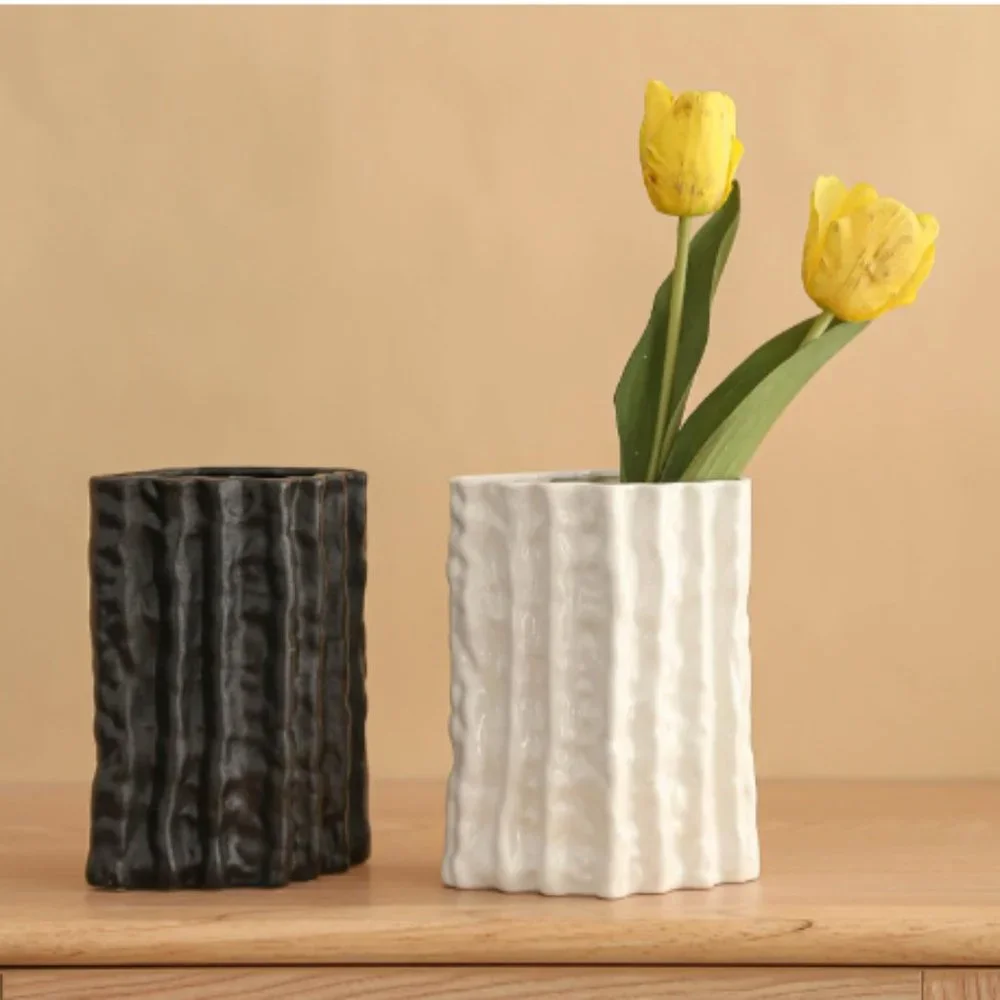 Set of 2 - Lg Black & White - Ribbed Rhombus Ceramic Vases for Flowers & Decor